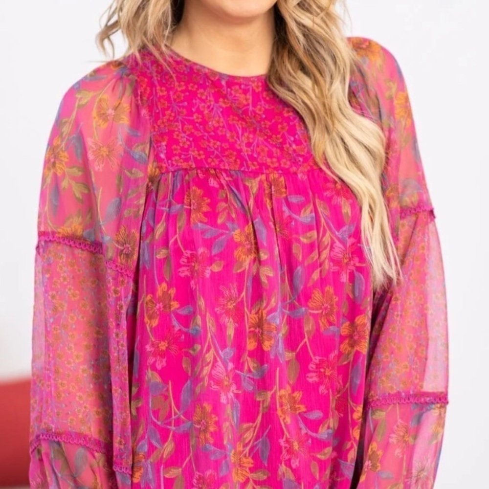 Hailey & Co Floral Boho Style Hot Pink  Long Sleeve Dress Size Medium - Picture 10 of 12